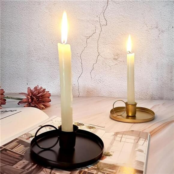 Set of 2 black iron taper candle holders 4 inch round base wedding table decor - Picture 5 of 7